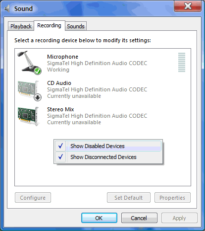 windows audio control panel recording tab
