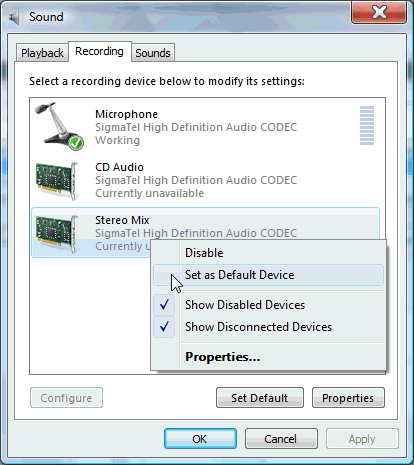 windows audio control panel recording tab